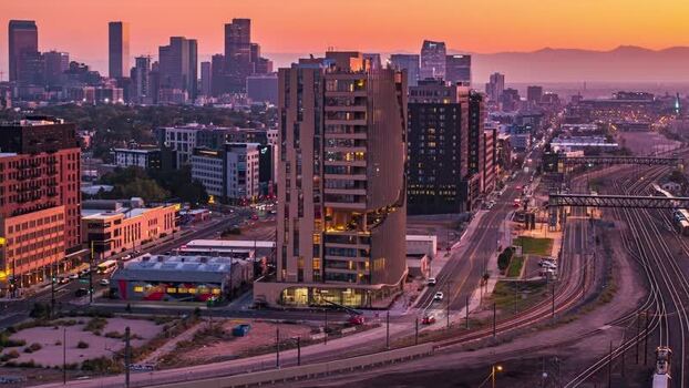 Aerial view of Denver skyline at sunset United States.