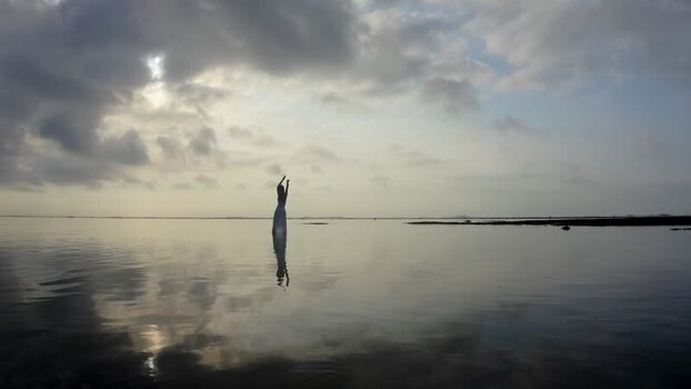 Aerial view of a woman in a white dress standing in calm water Indonesia.