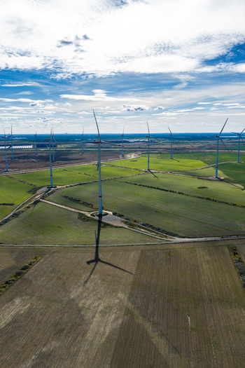 Aerial view of the Windpark Forst Briesnig II with wind turbines on recultivated land of the former Janschwalde open pit mine in Forst Brandenburg Germany. Aerial view of the Windpark Forst Briesnig II with wind turbines on recultivated land of the former Janschwalde open pit mine in Forst Brandenburg Germany.