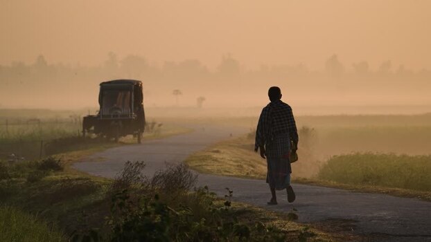 View of a person walking on a misty rural road at sunrise Bangladesh. View of a person walking on a misty rural road at sunrise Bangladesh.