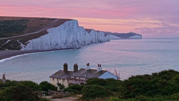 Aerial view of Seven Sisters Cliffs at sunset United Kingdom. Aerial view of Seven Sisters Cliffs at sunset United Kingdom.