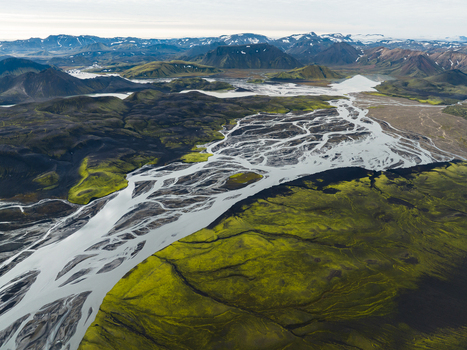 Aerial view of glacial rivers carve paths through mossy green landscapes contrasting with distant snow capped mountains creating a dramatic tapestry of Icelandic wilderness Highlands Iceland.