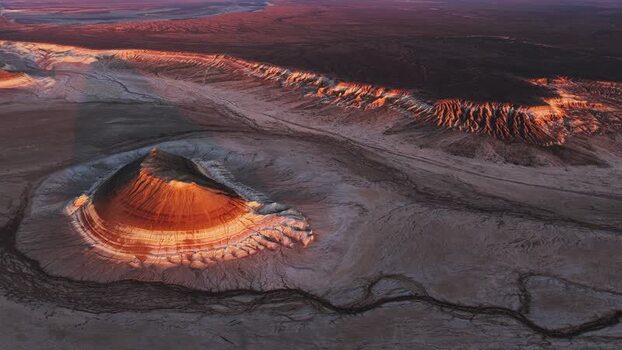 Aerial view of Gora Bokty in the desert of Kazakhstan.