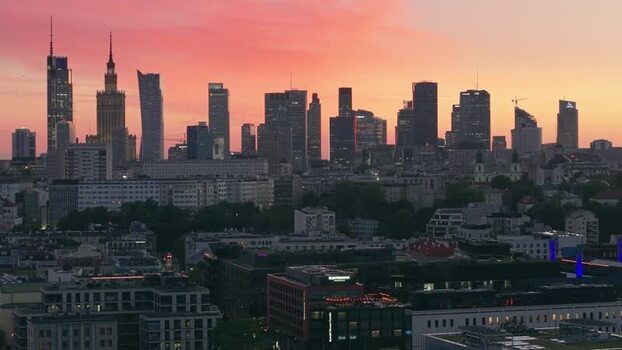 Aerial view of Warsaw skyline at sunset Poland.