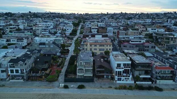 Aerial view of coastal residential neighborhood United States.