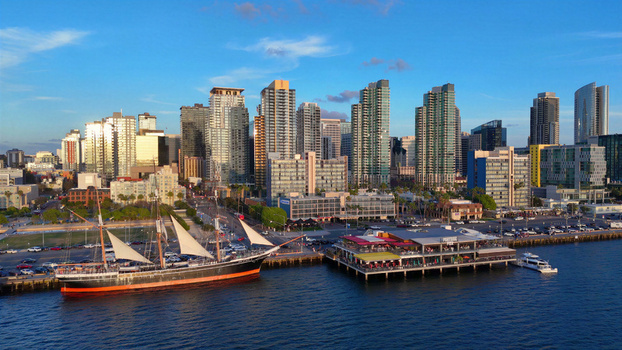 San Diego California United States 01 April 2026 Aerial view of the San Diego skyline the historic Star of India ship at North Embarcadero and the waterfront along North Harbor Drive.