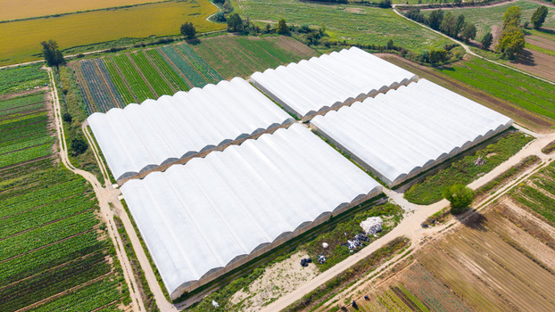 Aerial view of large white greenhouses situated in a rural landscape with surrounding agricultural fields and dirt paths in San Giuliano Milanese Lombardy Italy.