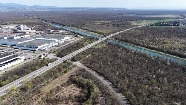 Aerial view of industrial area and canal France.