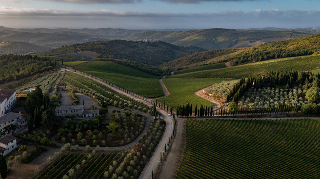 Aerial view of rolling vineyards and olive groves surrounding a traditional stone farmhouse on a hillside in Greve in Chianti Tuscany Italy. Aerial view of rolling vineyards and olive groves surrounding a traditional stone farmhouse on a hillside in Greve in Chianti Tuscany Italy.