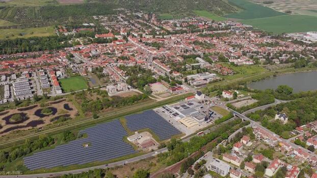 Aerial view of Slavkov u Brna town and a solar farm Czechia. Aerial view of Slavkov u Brna town and a solar farm Czechia.
