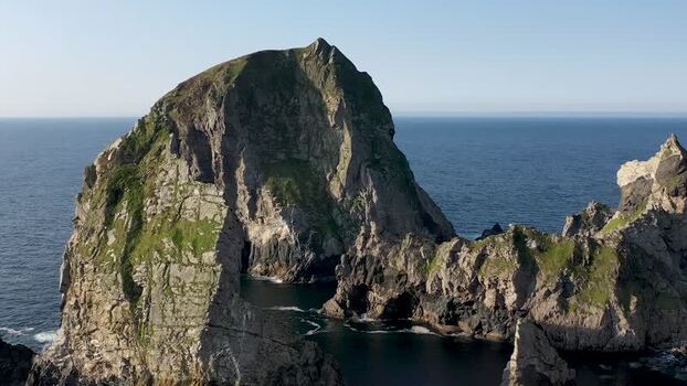 Aerial view of sea stacks at An Port Ireland.