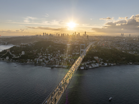 Aerial view of Fatih Sultan Mehmet Bridge spanning the Bosphorus at sunset with the Istanbul skyline in the background Beykoz Istanbul Turkiye. Aerial view of Fatih Sultan Mehmet Bridge spanning the Bosphorus at sunset with the Istanbul skyline in the background Beykoz Istanbul Turkiye.