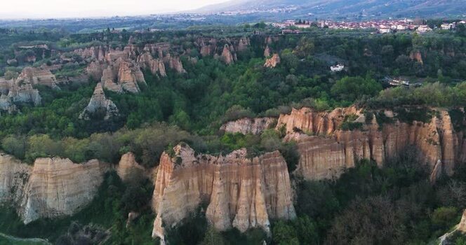 Aerial view of Balze del Valdarno rock formations and lush forests Italy. Aerial view of Balze del Valdarno rock formations and lush forests Italy.