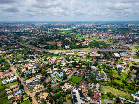 Aerial view of the Barnawa district featuring residential neighborhoods lush greenery and urban infrastructure in Kaduna Kaduna Nigeria. Aerial view of the Barnawa district featuring residential neighborhoods lush greenery and urban infrastructure in Kaduna Kaduna Nigeria.