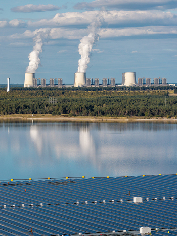 Aerial view of the floating solar system on Cottbuser Ostsee with the Janschwalde Power Plant in the background Cottbus Brandenburg Germany. Aerial view of the floating solar system on Cottbuser Ostsee with the Janschwalde Power Plant in the background Cottbus Brandenburg Germany.