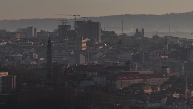 Aerial view of Clerigos Church and buildings Portugal.