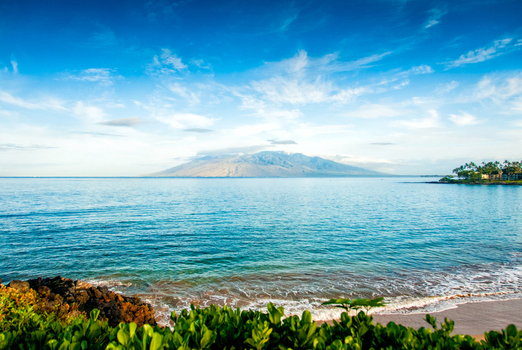 View of the Pacific Ocean with the island of Maui in the distance featuring lush green foreground vegetation calm blue waters and a bright sky in Maui County Hawaii United States.