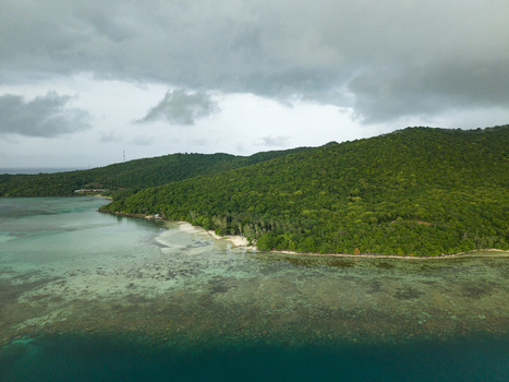 Aerial view of the lush green island meeting the turquoise sea under a dramatic sky Karimunjawa Central Java Indonesia.