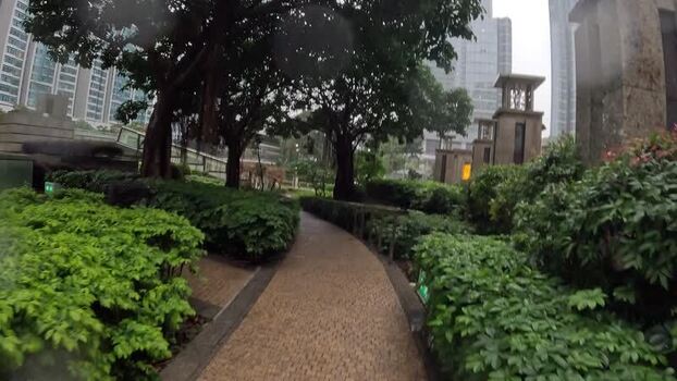 View of a paved path in a lush urban park Hong Kong.