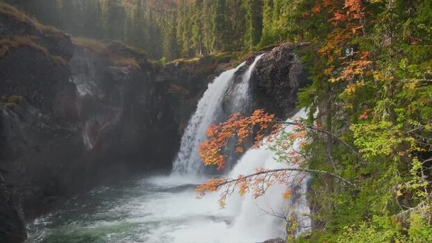 View of Rykandefoss waterfall in Hemsedal Norway.