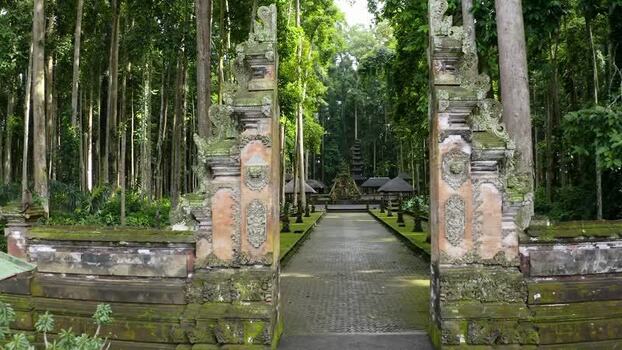 Aerial view of a traditional stone temple gate in a lush forest Indonesia.