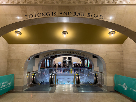 New York United States 14 May 2026 View of the entrance to the Madison Concourse at Grand Central Terminal with stone arches and escalators leading to the Long Island Rail Road. New York United States 14 May 2026 View of the entrance to the Madison Concourse at Grand Central Terminal with stone arches and escalators leading to the Long Island Rail Road.