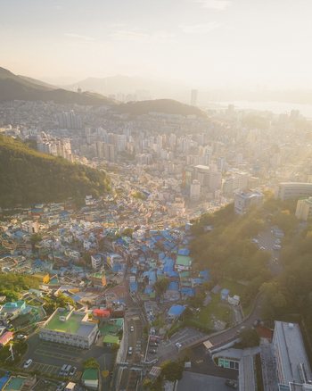 Aerial view of Gamcheon Culture Village at sunrise Busan South Korea.