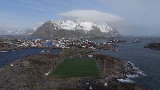 Aerial view of Henningsvaer football field in Lofoten Norway.
