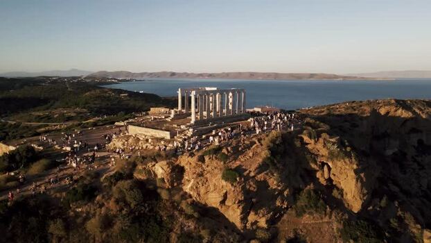 Aerial view of the Temple of Poseidon at Cape Sounion Greece.