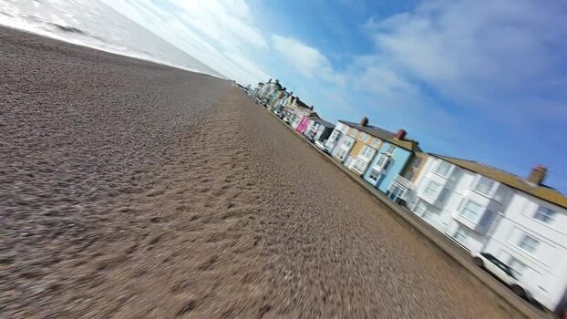 Aerial FPV view of Aldeburgh Beach and its distinctive building United Kingdom. Aerial FPV view of Aldeburgh Beach and its distinctive building United Kingdom.