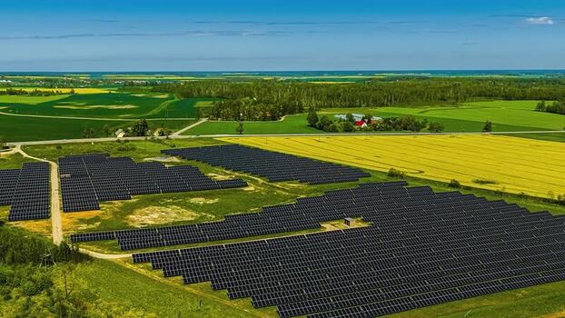 Aerial view of solar farm in rural landscape Latvia. Aerial view of solar farm in rural landscape Latvia.