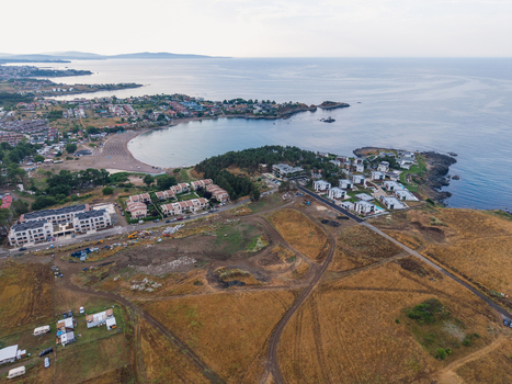 Aerial view of Arapya bay with its sandy beach coastal residential developments and surrounding landscape in Burgas Bulgaria. Aerial view of Arapya bay with its sandy beach coastal residential developments and surrounding landscape in Burgas Bulgaria.