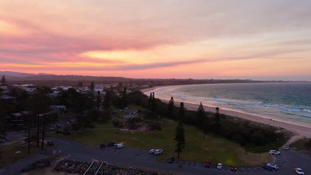 Aerial view of Kingscliff beach at sunset Australia.