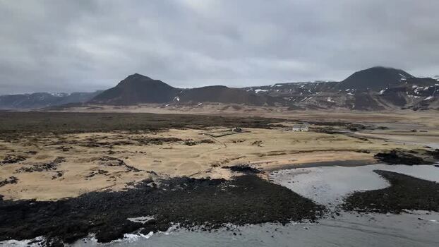 Aerial view of Budakirkja Church Iceland.