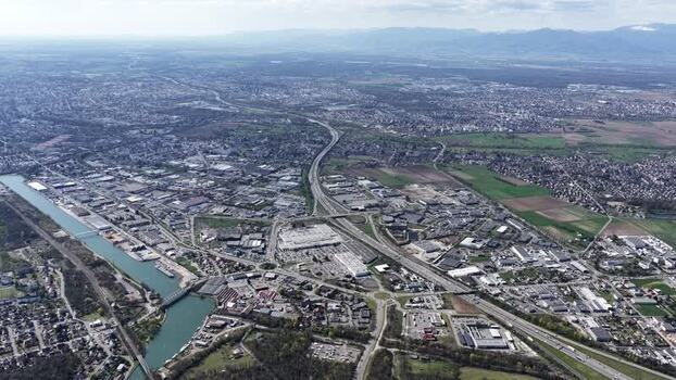 Aerial view of canal and industrial area France.