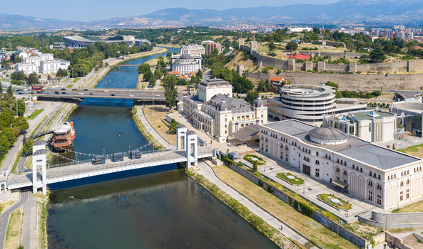 Aerial view of the Vardar River the historic Skopje Fortress the Macedonian National Theatre and urban architecture in Skopje Greater Skopje North Macedonia. Aerial view of the Vardar River the historic Skopje Fortress the Macedonian National Theatre and urban architecture in Skopje Greater Skopje North Macedonia.