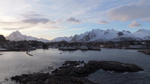Aerial view of Lofoten coastal town in Vagan Municipality Norway.