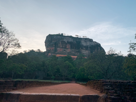 View of the ancient Sigiriya Rock Fortress rising above lush green trees and historic brick pathways in Sri Lanka.