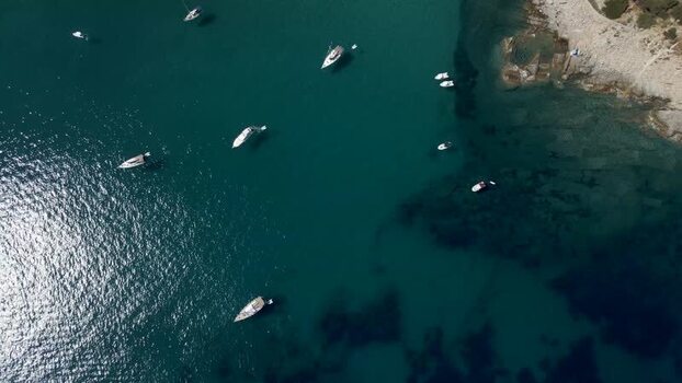 Aerial View of boats along the coast Seccheto Elba Island Tuscany Italy.