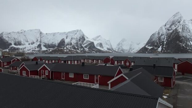 Aerial view of Lofoten cabins in Vagan Municipality Norway.