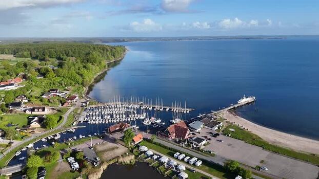 Aerial view of Langballigau harbor and the Baltic Sea Germany.