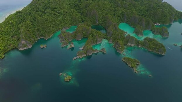 Aerial view of Piaynemo karst islands in Indonesia.