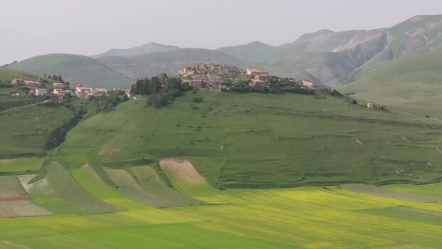Aerial view of Castelluccio village in the hills Italy.