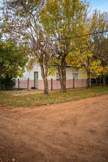 View of a small house with a pink and white facade surrounded by autumn trees and a dirt road in Guaviravi Corrientes Province Argentina.