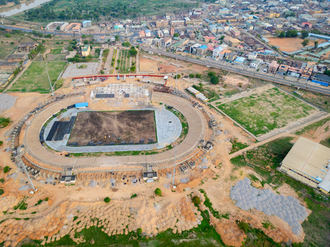 Kaduna Nigeria 13 May 2026 Aerial view of Ahmadu Bello Stadium under renovation with construction materials and surrounding urban cityscape. Kaduna Nigeria 13 May 2026 Aerial view of Ahmadu Bello Stadium under renovation with construction materials and surrounding urban cityscape.