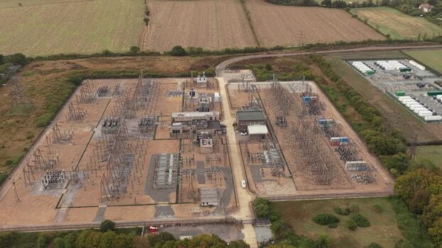 Aerial view of Clay Tye Tesla Megapack installation United Kingdom.