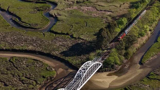 Aerial view of a train on bridge Caminha Portugal. Aerial view of a train on bridge Caminha Portugal.