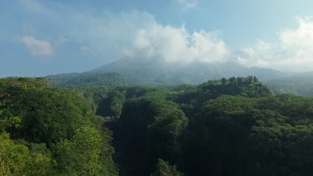Aerial view of Mount Merapi and Kali Gendol valley Indonesia.