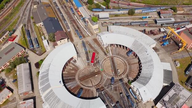 Aerial view of a railway roundhouse and turntable Czechia. Aerial view of a railway roundhouse and turntable Czechia.