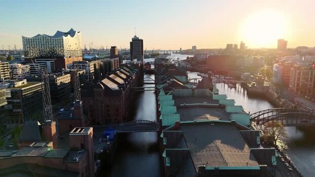 Aerial view of Speicherstadt and Elbphilharmonie at sunset Germany. Aerial view of Speicherstadt and Elbphilharmonie at sunset Germany.